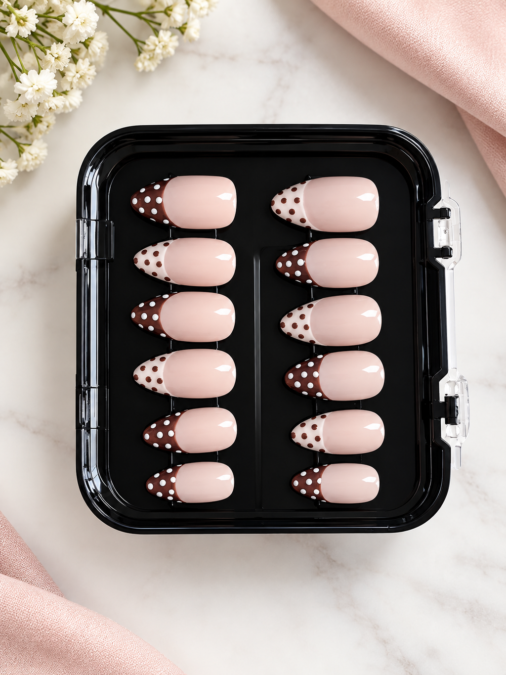 Polka Dot French Tip Press-On Nails Set of 10 – White & Chocolate Brown Almond Nails, Glossy Retro Nail Art