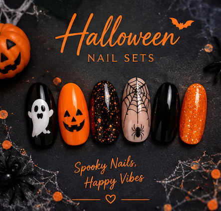 Halloween Press On Nails Set of 10 – Ghost, Pumpkin, Spiderweb & Orange Glitter Nail Art, Spooky Almond False Nails