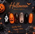 Halloween Press On Nails Set of 10 – Ghost, Pumpkin, Spiderweb & Orange Glitter Nail Art, Spooky Almond False Nails