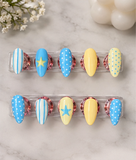 Summer Vibes Press On Nails Set of 10 – Blue & Yellow Almond Nails, Polka Dot, Star & Striped Nail Art