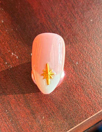 French Tip Press On Nails Set of 10 – Pink & White Almond Nails, Glossy French Manicure with Gold Starburst Charm