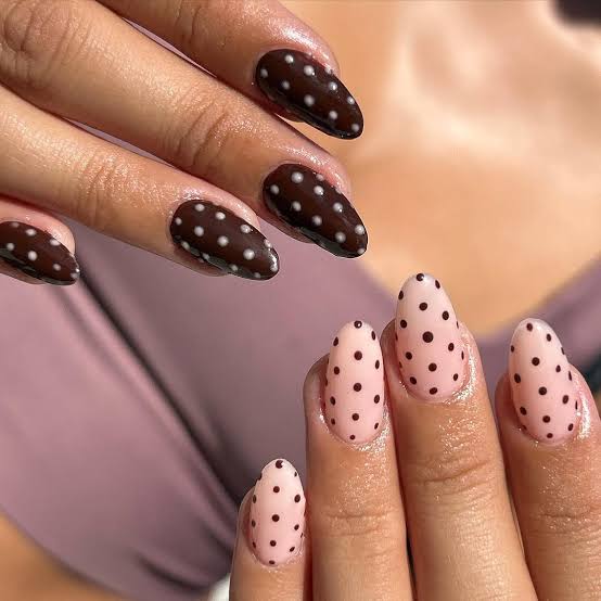 Polka Dot Press On Nails Set of 10 – Brown & Pink Almond Nails, Glossy Retro Nail Art
