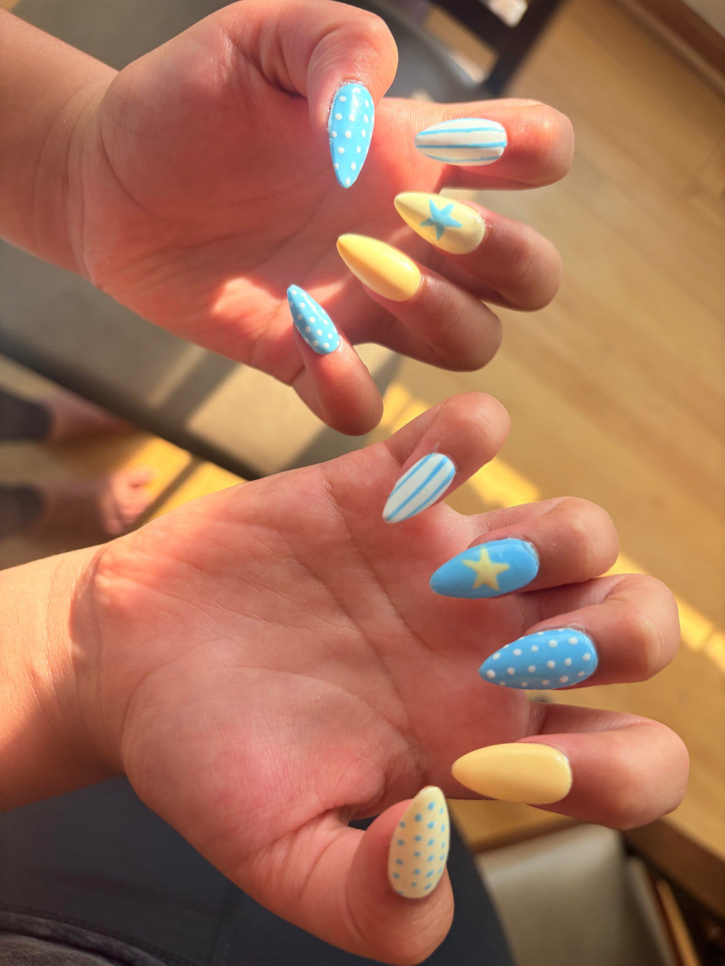 Summer Vibes Press On Nails Set of 10 – Blue & Yellow Almond Nails, Polka Dot, Star & Striped Nail Art